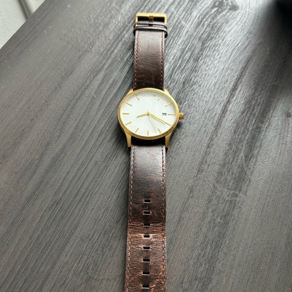 MVMT Men’s Watch- Gold and White Face, Dark Brown Leather - Picture 2 of 4